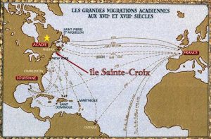 Carte des grandes migrations acadiennes aux XVIIe et XVIIIe siècles