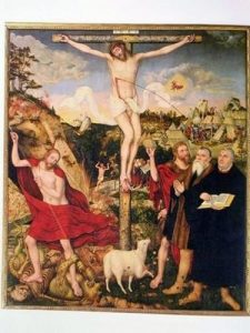 Cranach: le retable de Weimar Luther et Cranach aux pieds du crucifix