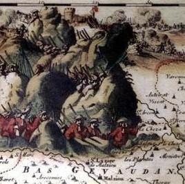 Cartouche de la carte des Cévennes «Le théâtre de la guerre dans les Cévennes avec les montagnes et les plaines des environs du Languedoc.» Nieuwe Caart van Sevennes. C. Danckerts Amsterdam 1703 (2)